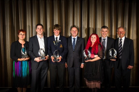 From L to R: Fenella Colyer (Science Teacher Prize), Dr Benjamin O'Brien (MacDiarmid Emerging Scientist), Thomas Morgan (Future Scientist), the Prime Minister the Rt. Hon. John Key, Dr Siouxsie Wiles (Science Media Communication Prize), Professor Grant Covic and Emeritus Professor John Boys (Prime Minister's Science Prize)